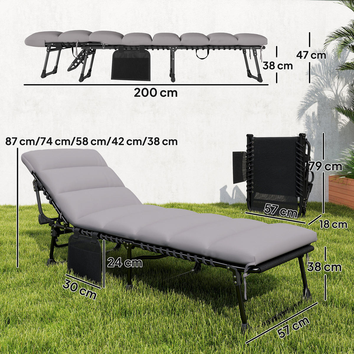 SONNENLIEGE Stahl Hellgrau - Hellgrau/Schwarz, Textil/Metall (57/38/200cm) - Outsunny