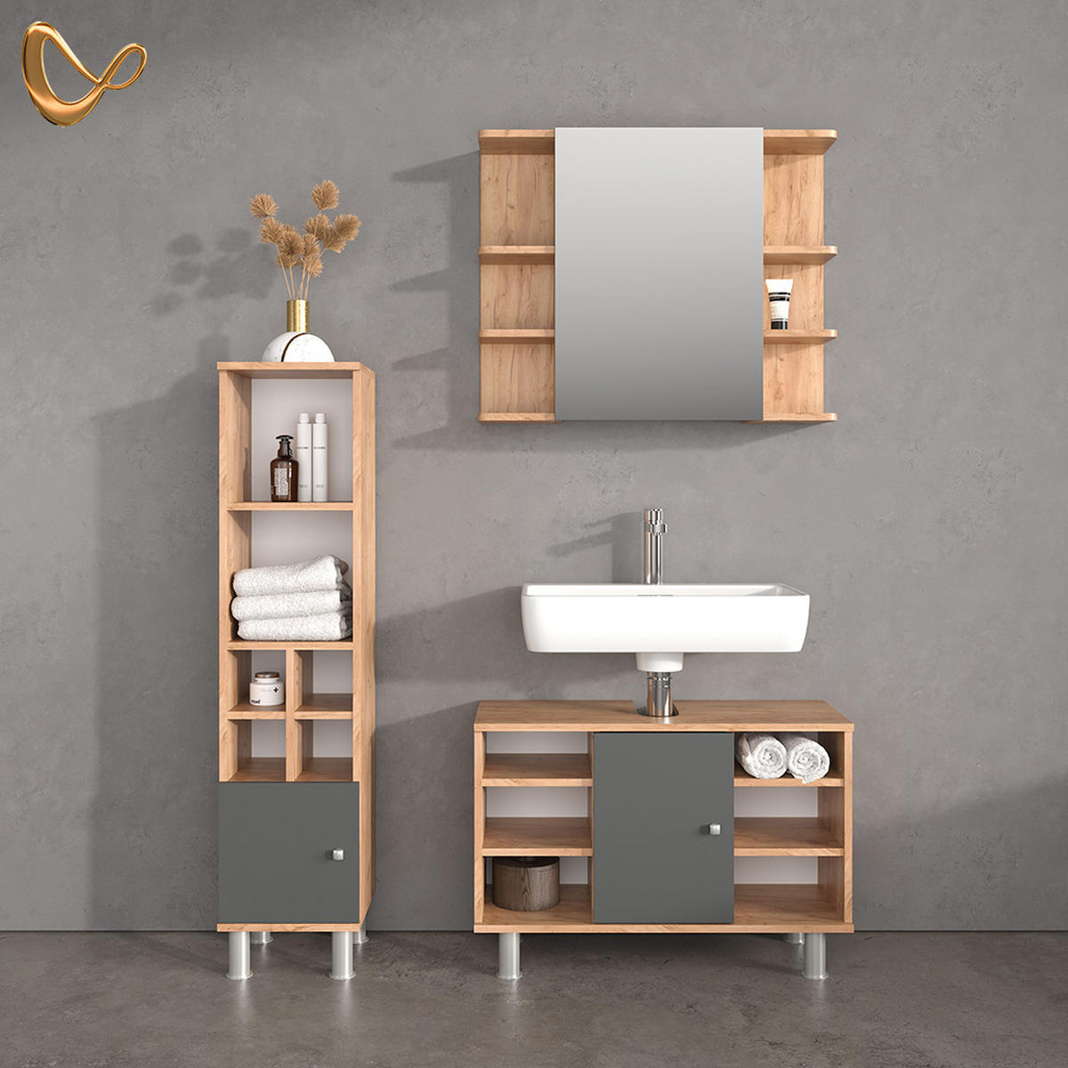 BADMÖBEL-SET Fucino Goldkraft Eiche 3 Teile, mit Midischrank Tür klein - Anthrazit/Eiche Wotan, Holzwerkstoff (80/130/32cm) - Livinity®