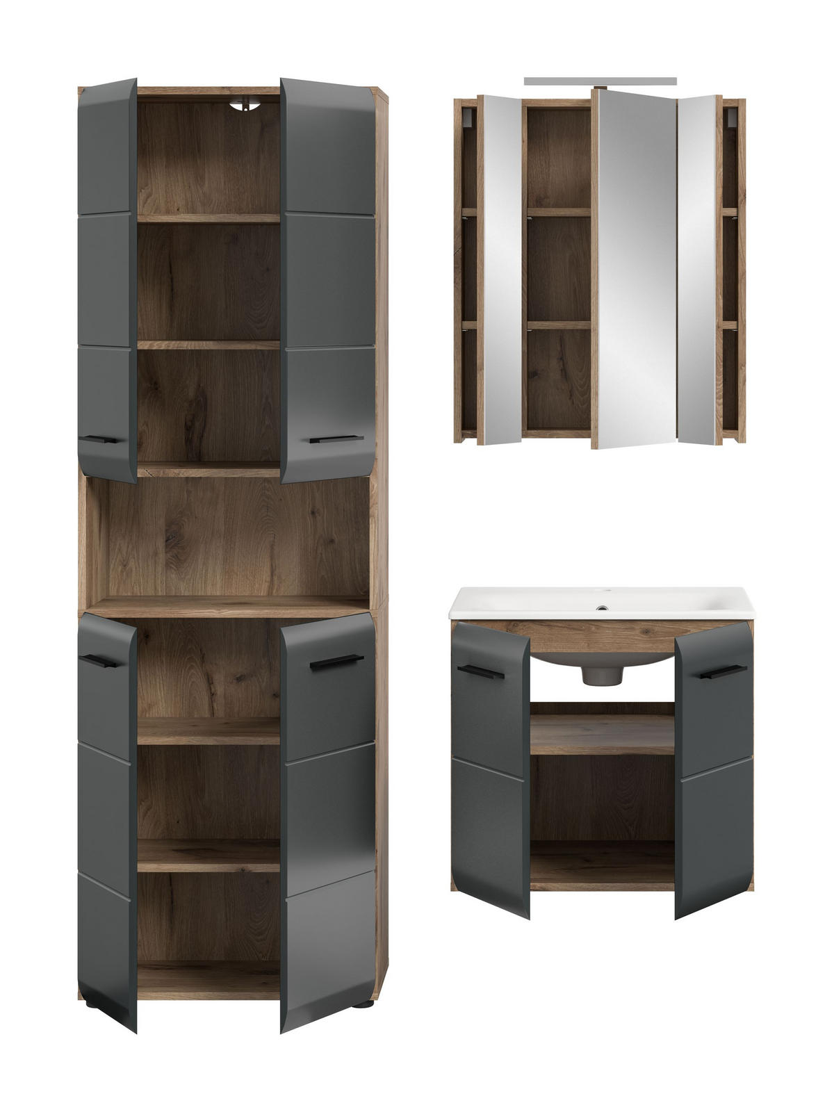 BADEZIMMER Alba 5-tlg. (B/H/T: ca. 135/185/46 cm) in Nox Oak /schwarz matt - Eichefarben, Holz (135/185/46cm)