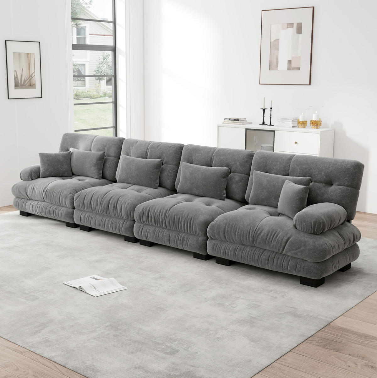 SOFA modular mit Tiefensitz Chenille Grey - Hellgrau, Kunststoff (77/81/406cm) - Meubliv