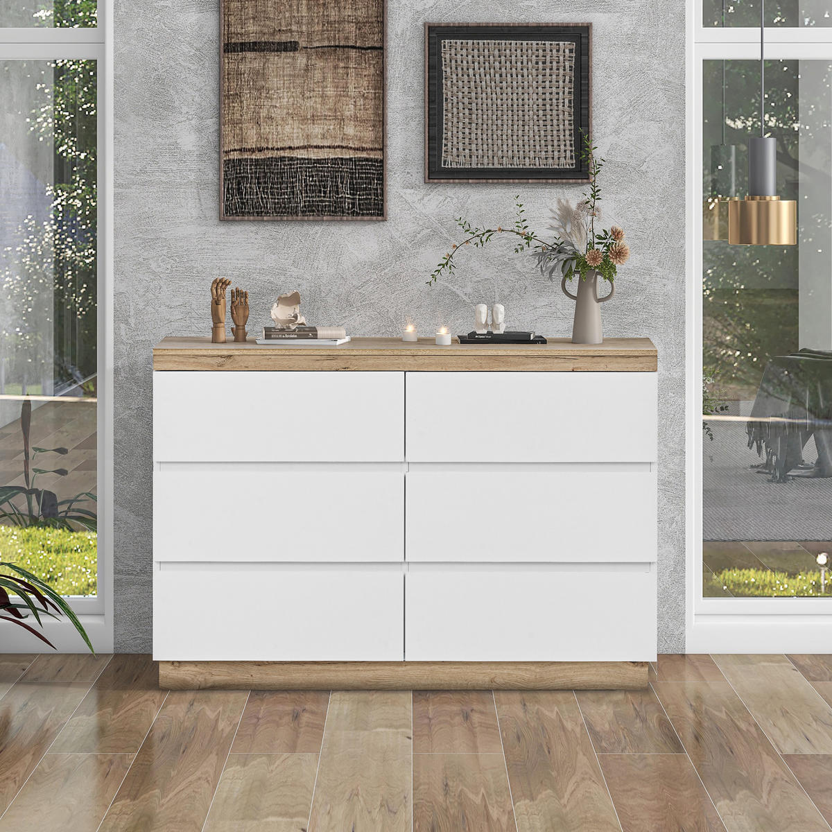 SIDEBOARD in Weiß und Eiche Kommode mit 6 Schubladen und Schließfach für Schlafzimmer und Wohnzimmer, B110/T40/H67.5cm - Eichefarben/Weiß, Holzwerkstoff/Metall (110/67.5/40cm) - STILVORA