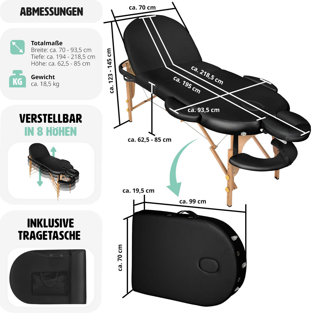 MASSAGELIEGE 3 Zonen Sawsan,230 x 104 x 85 cm,schwarz - Schwarz, Holz (104/85/230cm) - tectake