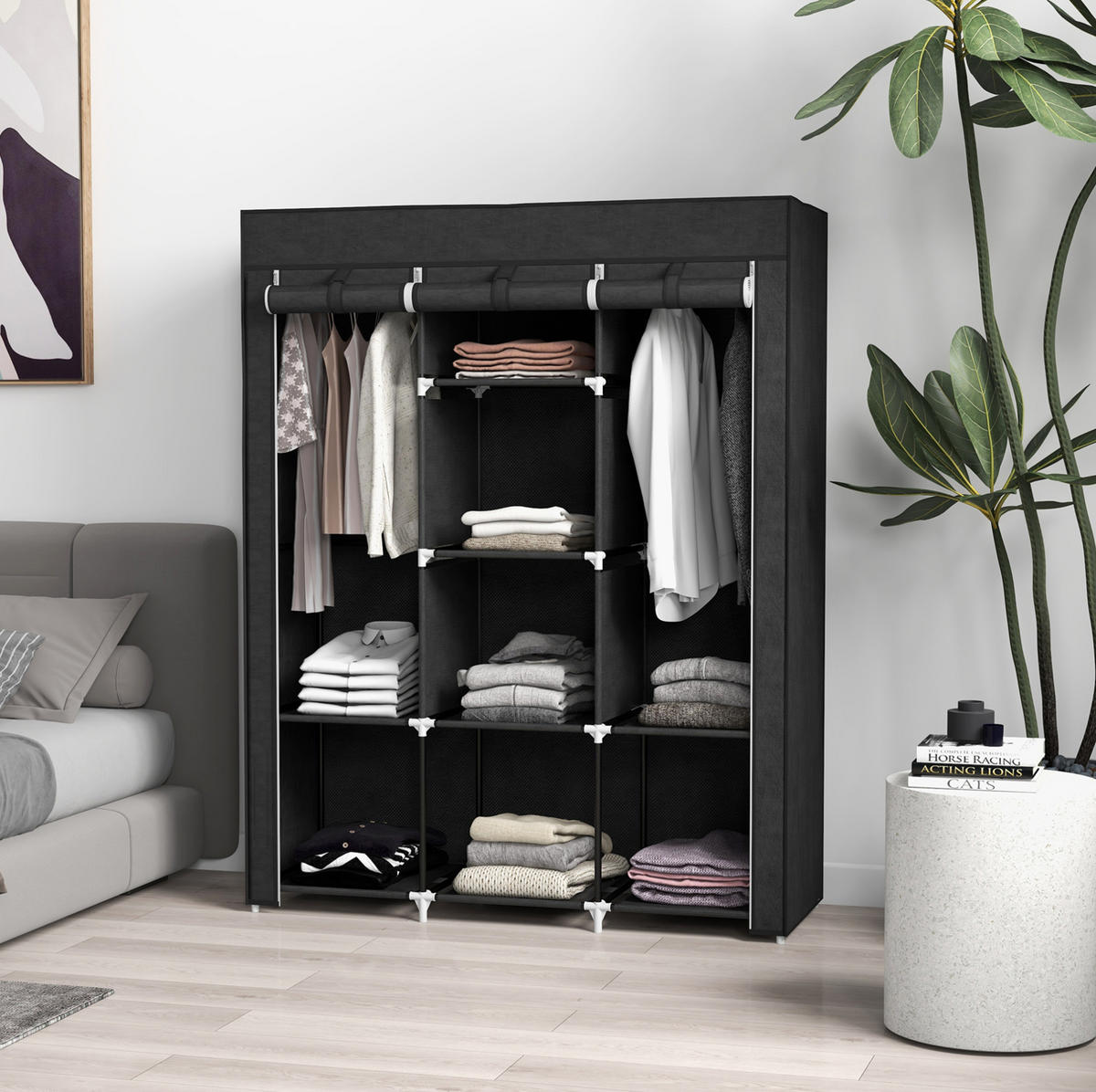 KLEIDERSCHRANK 125/162,5/43 cm Schwarz aus Stoff mit Kleiderstange - Schwarz, Textil (43/162.5/125cm) - OKMYHOME