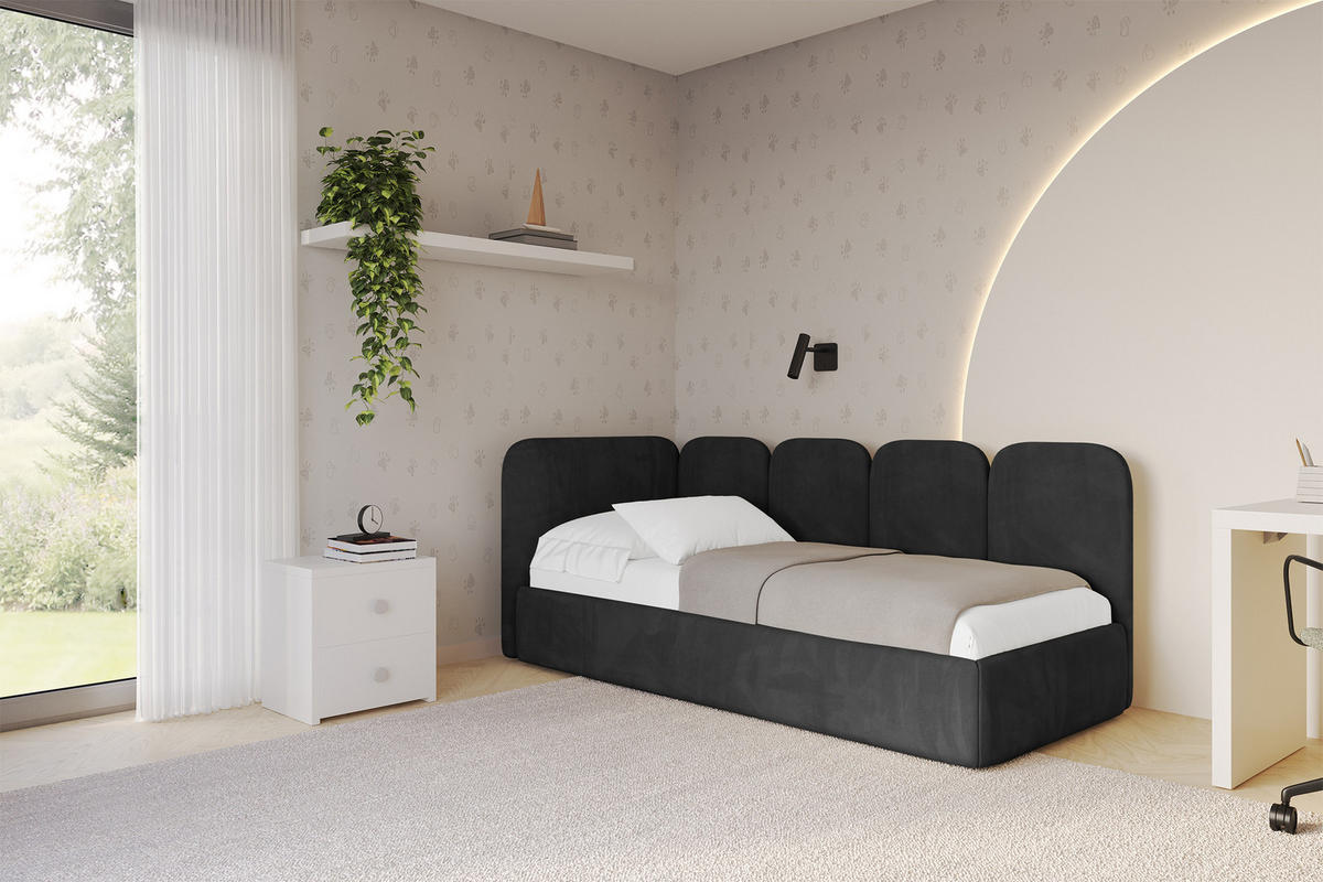 EINZELLBETT Jugendbett mit Bettkasten und Matratze H3/H4, Rechts - VELY 80x200 Schwarz - Anthrazit, Holzwerkstoff/Textil (80/200cm) - ALTDECOR