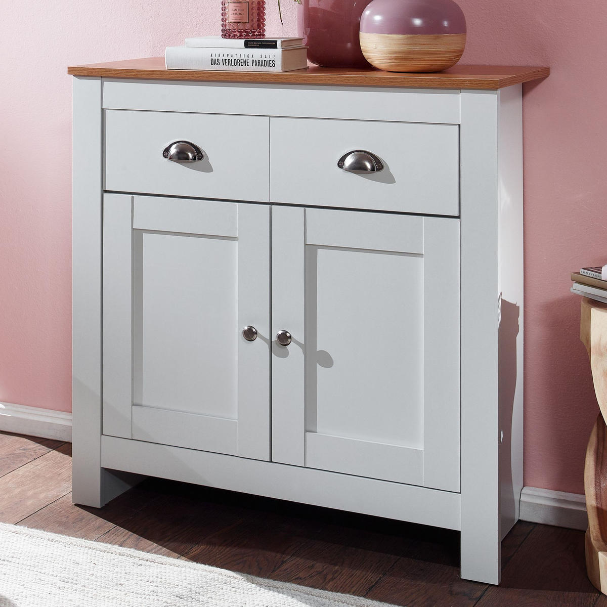 SIDEBOARD – Eiche/Weiß, 2 Schubladen, melaminbeschichtet, modern - Weiß, Holz/Metall (79/81/35cm) - KADIMA DESIGN