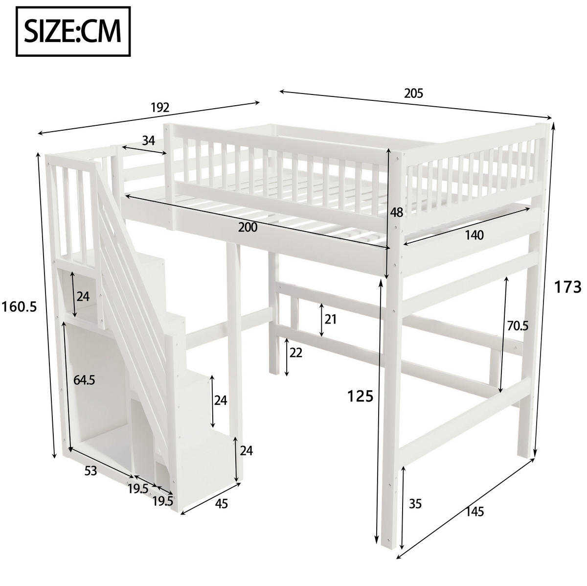 HOCHBETT 140/200 cm mit Aufbewahrungstreppe und hohem Geländer, Weiß/Grau - Weiß, Holzwerkstoff (140/200cm) - Redom