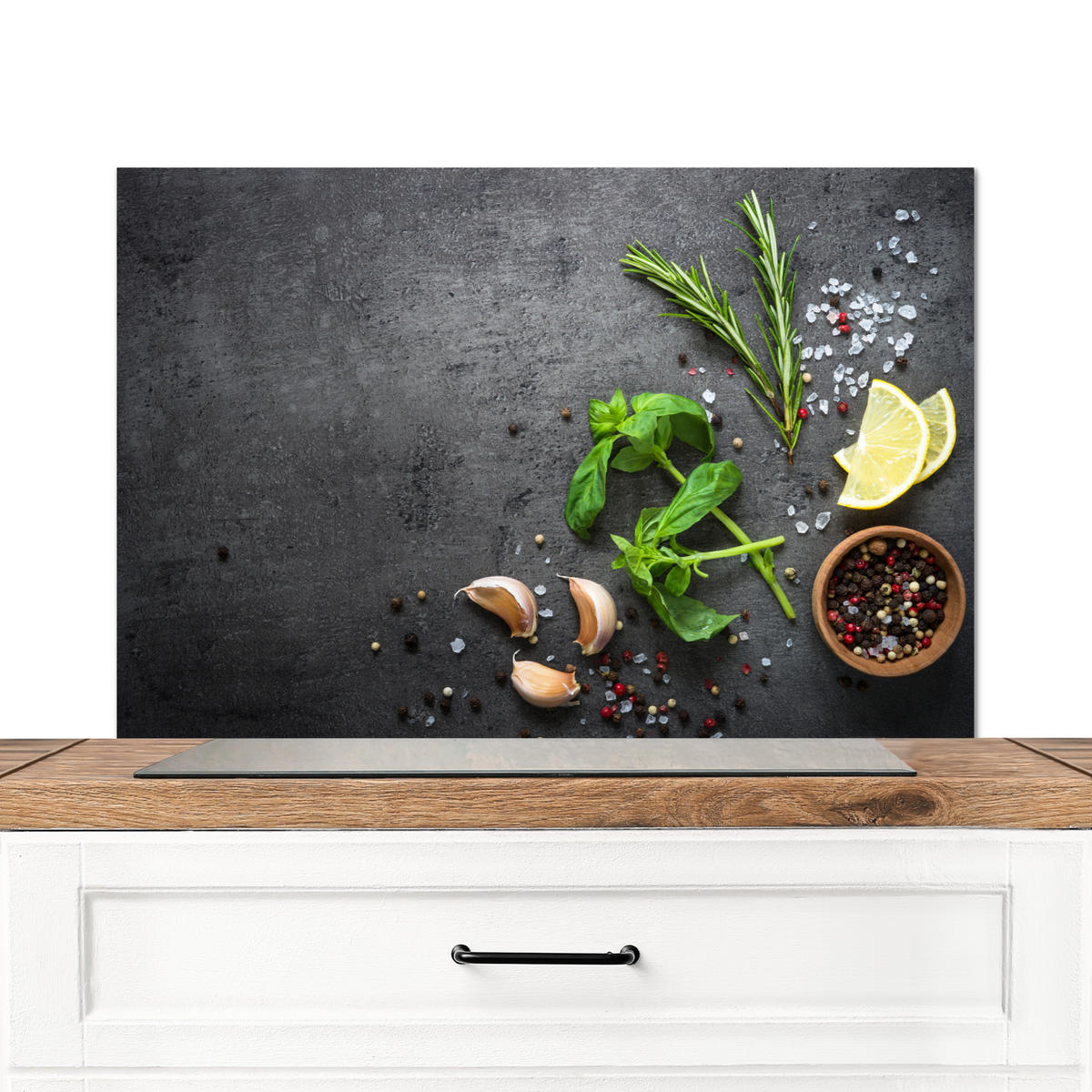 SPRITZSCHUTZ KÜCHE Limette - Kräuter - Gewürze - Grün - Grau - Beton 90x60 cm - Grün, Metall (90/0.3/60cm) - MuchoWow