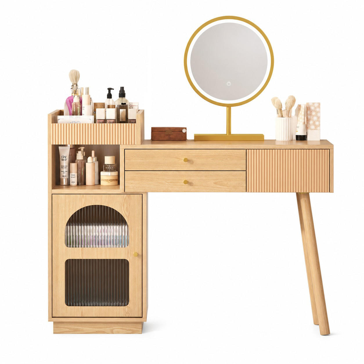 SCHMINKTISCH in Naturfarben Frisiertisch mit LED-Spiegel & 3-Farb-Beleuchtung Kosmetiktisch aus Holz B120/T40/H90cm - Naturfarben, Holzwerkstoff/Metall (120/90/40cm) - STILVORA