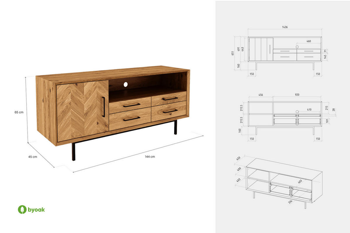 TV-STÄNDER BREIT LEON Wildeiche - Wildeiche, Holz (144/65/45cm) - byoak
