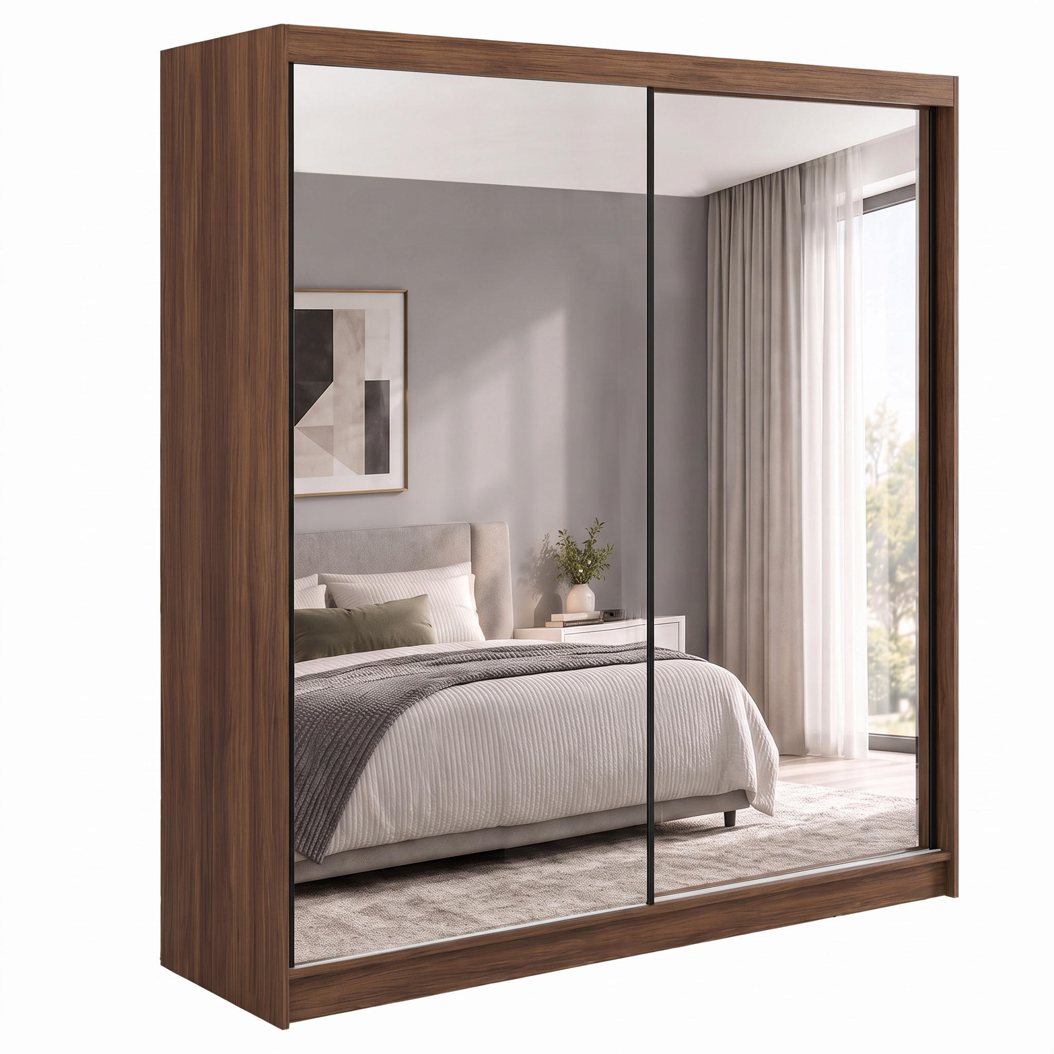 SCHWEBETÜRENSCHRANK Debra II mit Schubladen und Spiegel 200/216/61 Walnuss - Walnussfarben, Holzwerkstoff (200/216/61cm) - Beautysofa