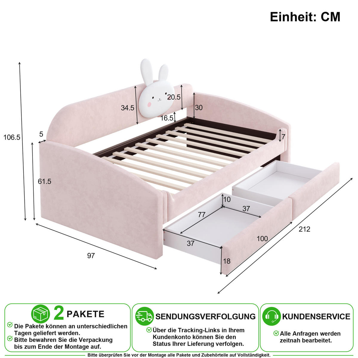 KINDERBETT 90/200 cm in Rosa mit LED und Schubladen aus Samt - Rosa, Holzwerkstoff/Textil (90/200cm) - CHICFURN