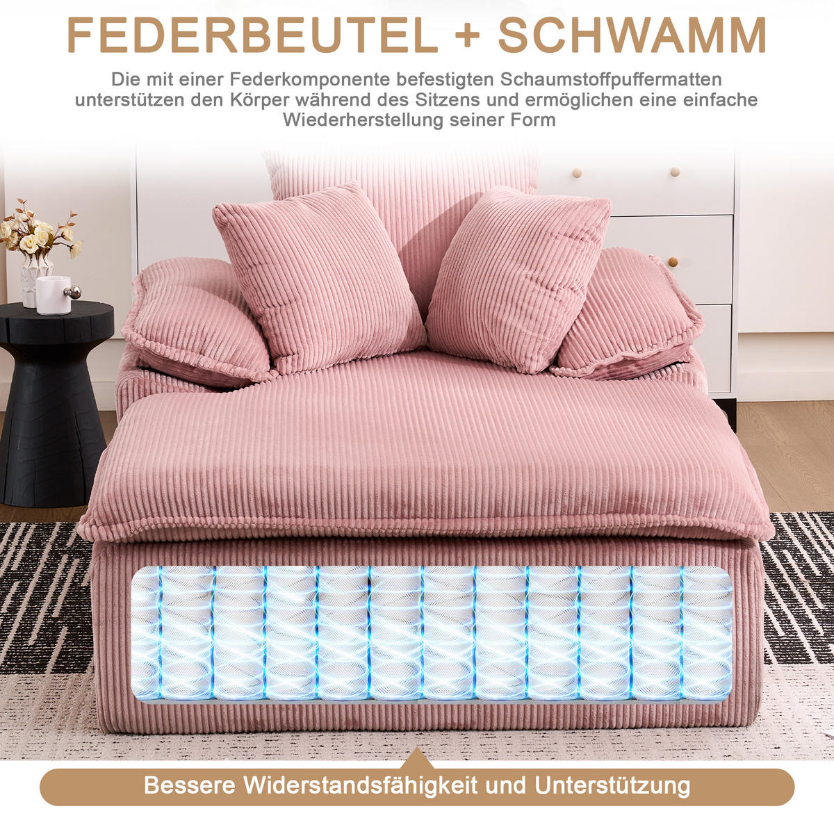 LIEGESOFA Cord ergonomisch mit breiten Armlehnen 177/122/92 cm Rosa - Rosa, Textil (122/92/177cm) - Redom