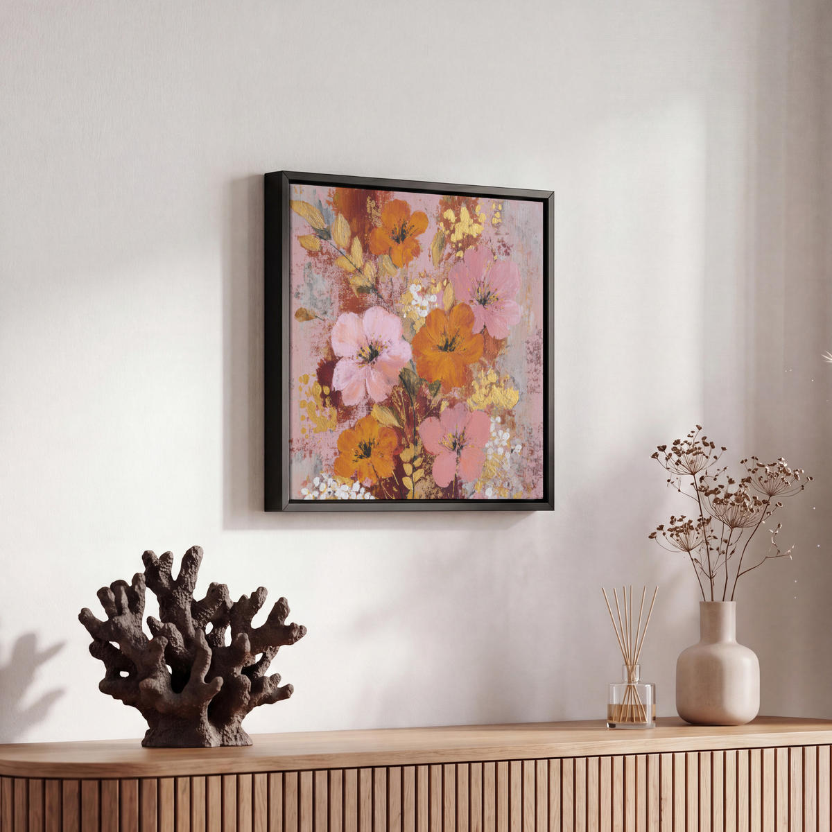 LEINWAND Bilder mit Rahmen - Malerei - Blumen - Rustikal - Rosa - 20x20 - Altrosa, Textil (20/20cm) - MuchoWow