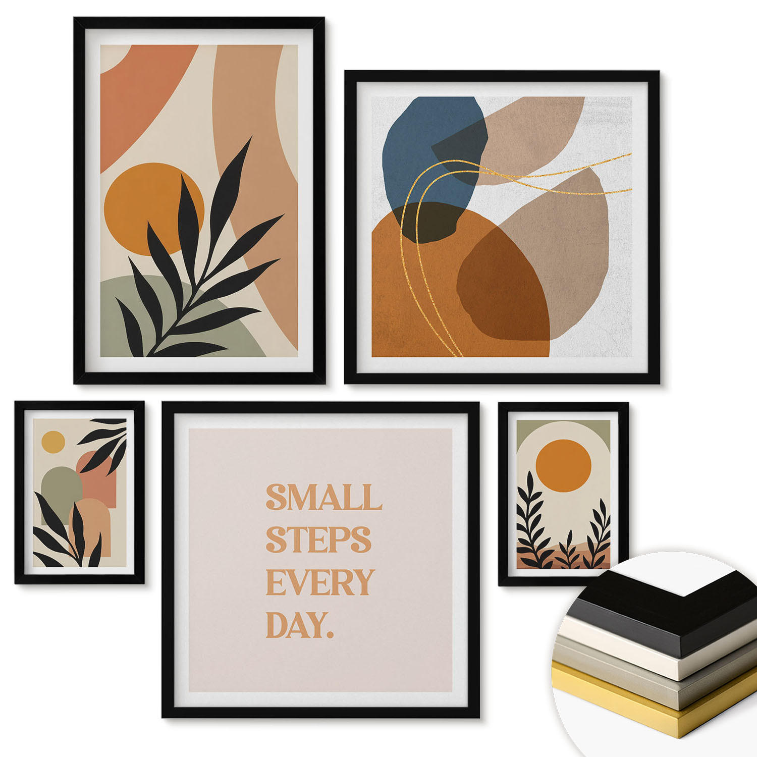 WANDBILDER 5er-Set - 50x50 cm & 20x30 cm & 40x60 cm Schwarzer Rahmen - Moderne Pflanzenmotive - Schwarz, Kunststoff (40/60cm) - ArtPrintCave