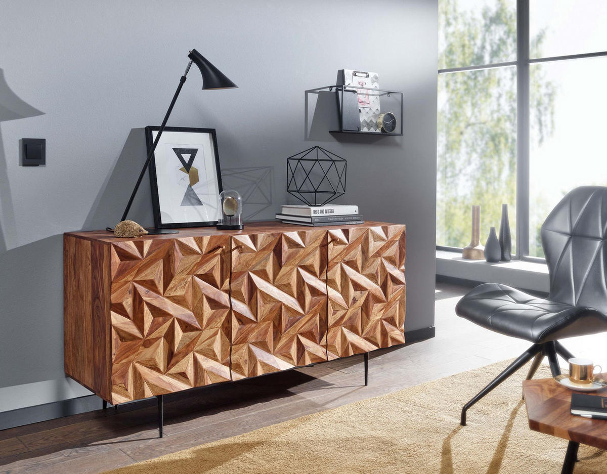 SIDEBOARD – "Metallux", Massivholz, braun, 3D-Oberfläche, modern - Schwarz/Braun, Holz/Metall (144/72/47cm) - KADIMA DESIGN