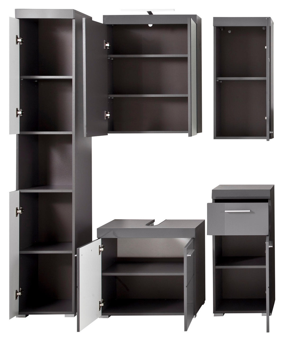 BADMÖBEL-SET grau Hochglanz 6-teilig 163 x 190 cm, Komplett-Set inklusive Beleuchtung - Grau, Glas/Holzwerkstoff (163/190/34cm) - Top.Furn