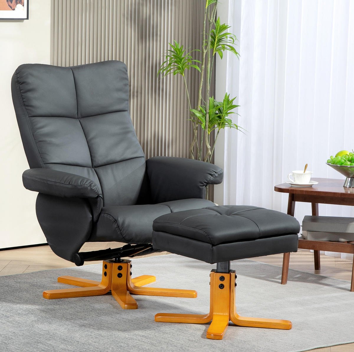 RELAXSESSEL 80/99/86 cm Dunkelgrau aus Holz mit Hocker und Liegefunktion - Dunkelgrau, Holz (86/99/80cm) - OKMYHOME