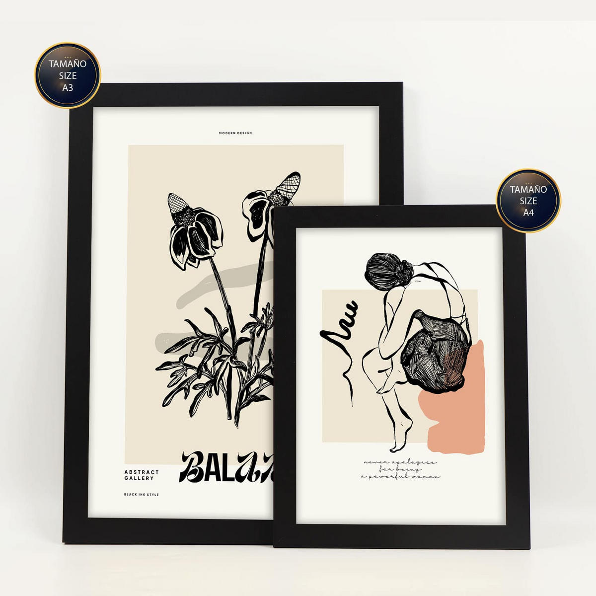 POSTER Set Mit 6 Schwarze Tintengefühle Größe A3 & A4 Schwarzer Rahmen - Schwarz, Papier (29.7/1cm) - Nacnic