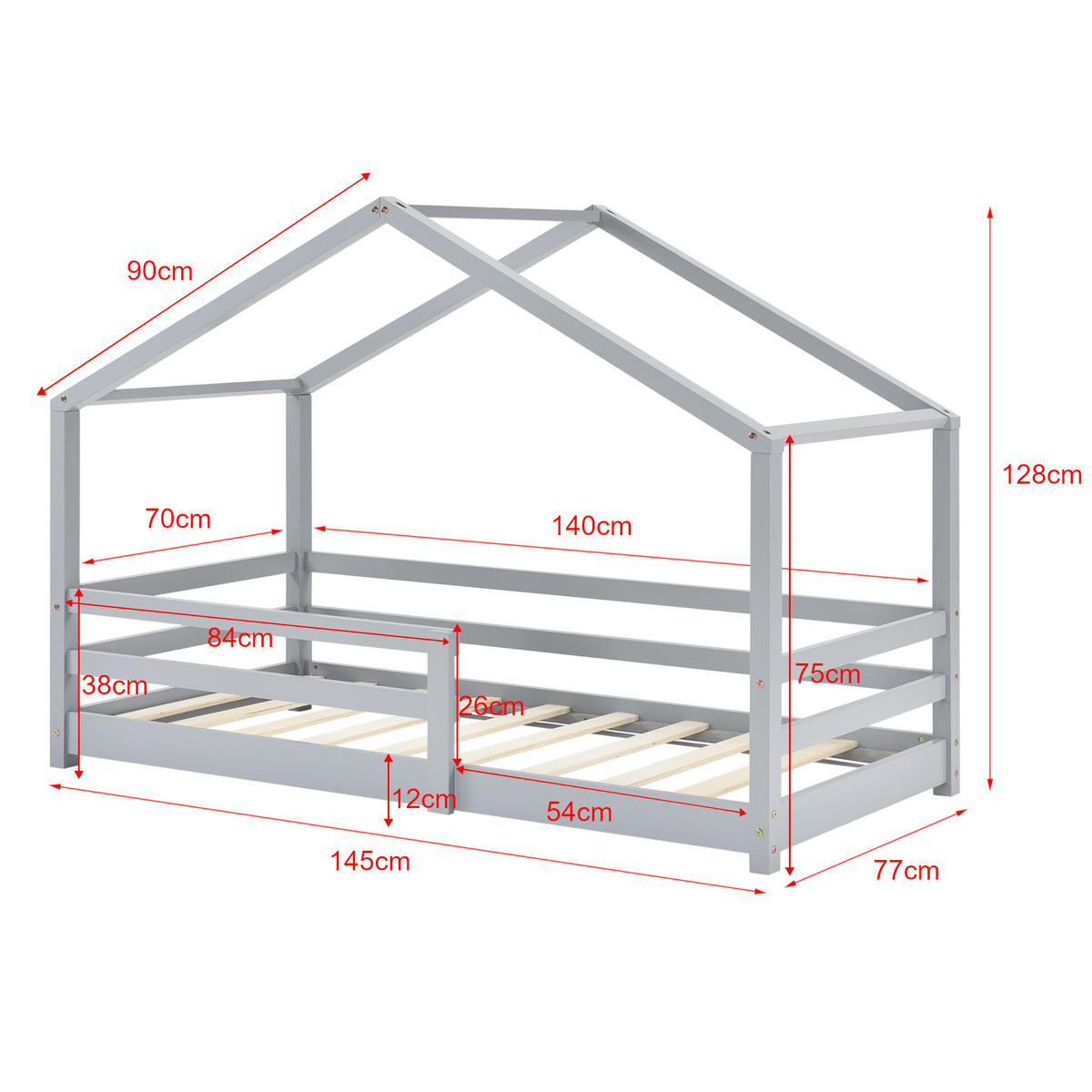 HAUSBETT Knätten - Hellgrau, Holz (70/140cm) - [en.casa]