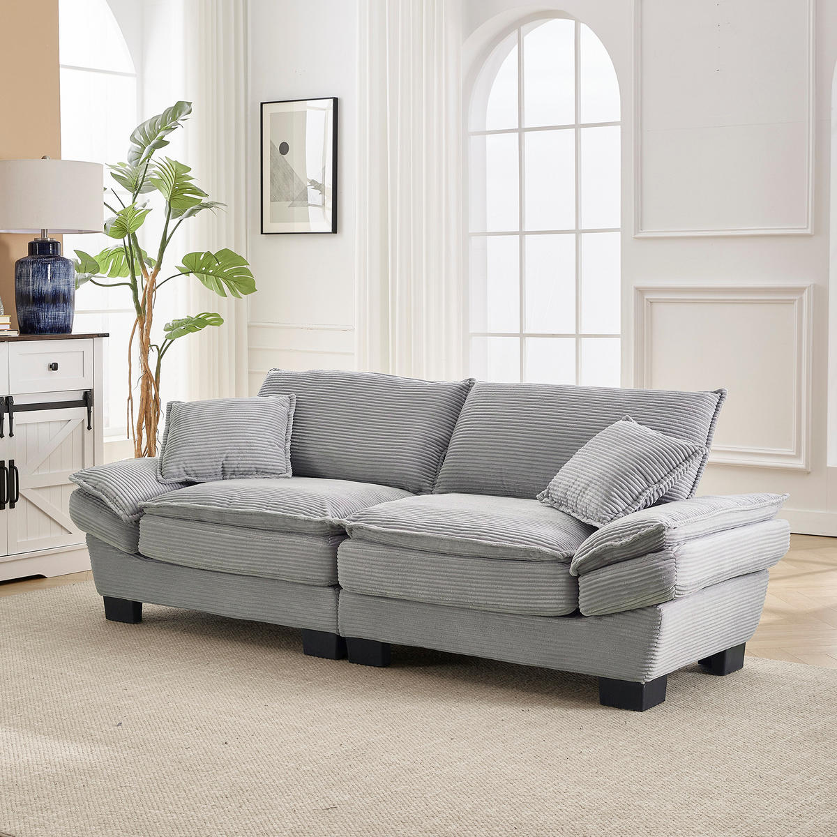2-SITZER-SOFA aus Samt 224x81x81 cm Hellgrau mit tiefem Sitz, gepolsterten Armlehnen und 2 Kissen - Grau, Textil (81/81/224cm) - Modfu