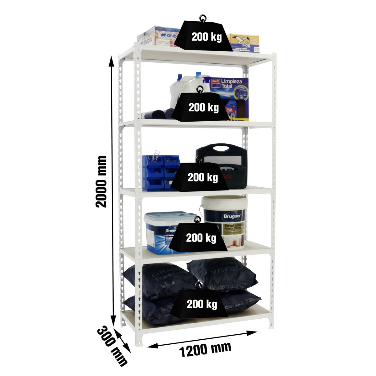 SCHWERLASTREGAL Big Muli HxBxT 200 x 120 x 30 cm 5 Fachböden Fachlast 200 kg Weiß - Weiß, Metall (120/200/30cm) - PROREGAL