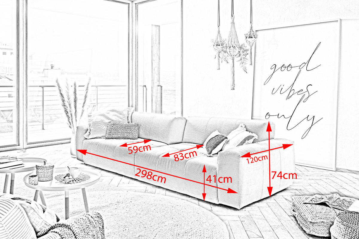 SOFA MIT SITZTIEFENVERSTELLUNG PALACE Weiß Cord - Weiß, Textil (298/74/120cm) - KAWOLA