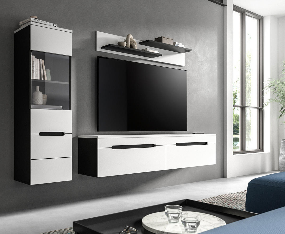 WOHNWAND weiß, grau, Wohnkombination 3-teilig hängend / stehend 221 cm, Cooper - Schwarz/Weiß, Glas/Holzwerkstoff (221/141/33cm)