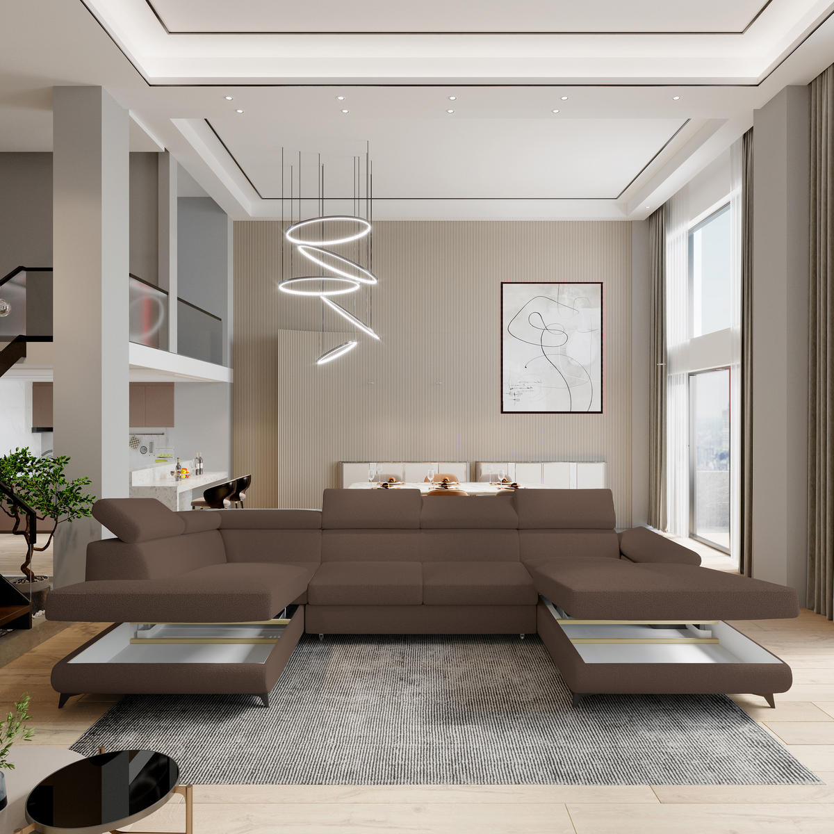 WOHNLANDSCHAFT RUBANO L-S Braun Boucle-Stoff mit Schlaffunktion - Braun, Holz (339/89/190cm) - MASSENO