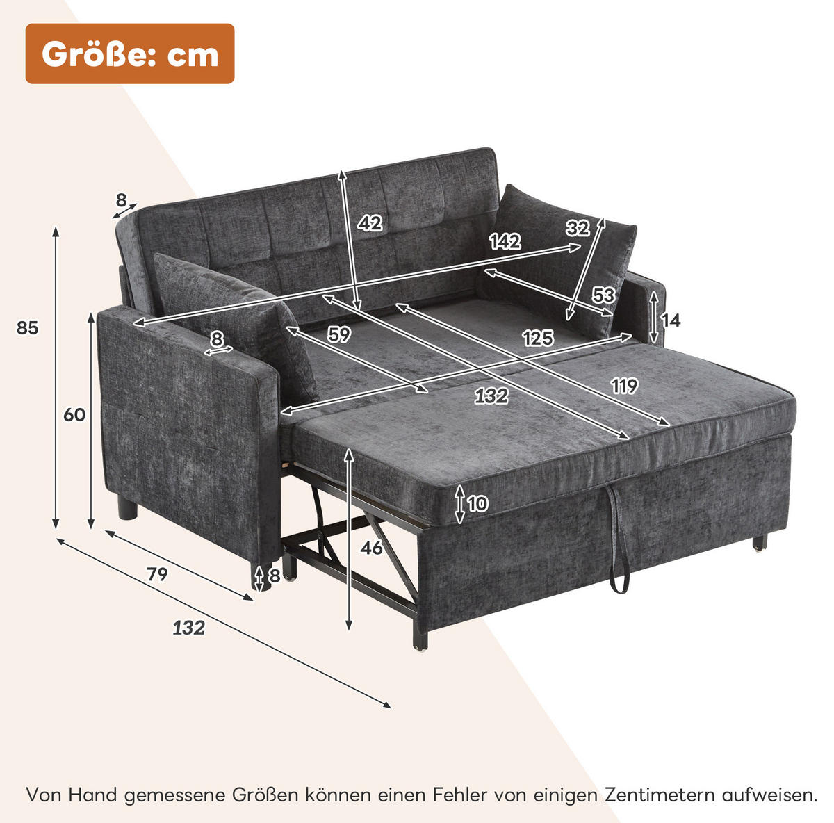 SCHLAFSOFA Chenille mit Ausziehfunktion und 2 Kissen Antikschwarz 142/79/85 cm - Schwarz, Textil (79/85/142cm) - Redom