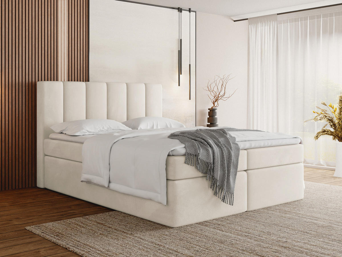 BOXBETT Amira mit Bettkasten, Beige Samt 160x200 cm - inkl. H3 Matratze und H3 Foam Topper - Ecru/Beige, Holzwerkstoff/Kunststoff (160/200cm) - WFL GROUP