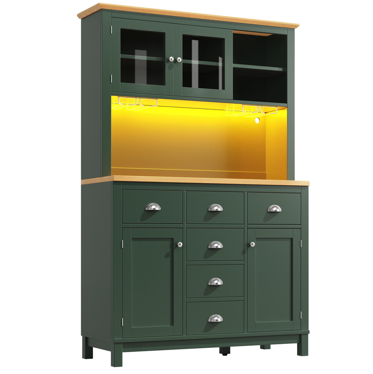 BUFFETOVÁ skrinka 104/40/180 cm zelená z MDF s LED osvetlením a držiakmi na nápoje - zelená, kompozitné drevo (104/180/40cm) - OKWISH