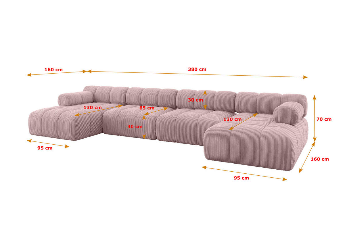 WOHNLANDSCHAFT modulares Sofa Tesso-U2 - 380x160x70 cm Rosa Cord - Rosa, Holzwerkstoff/Textil (380/70/160cm) - ALTDECOR
