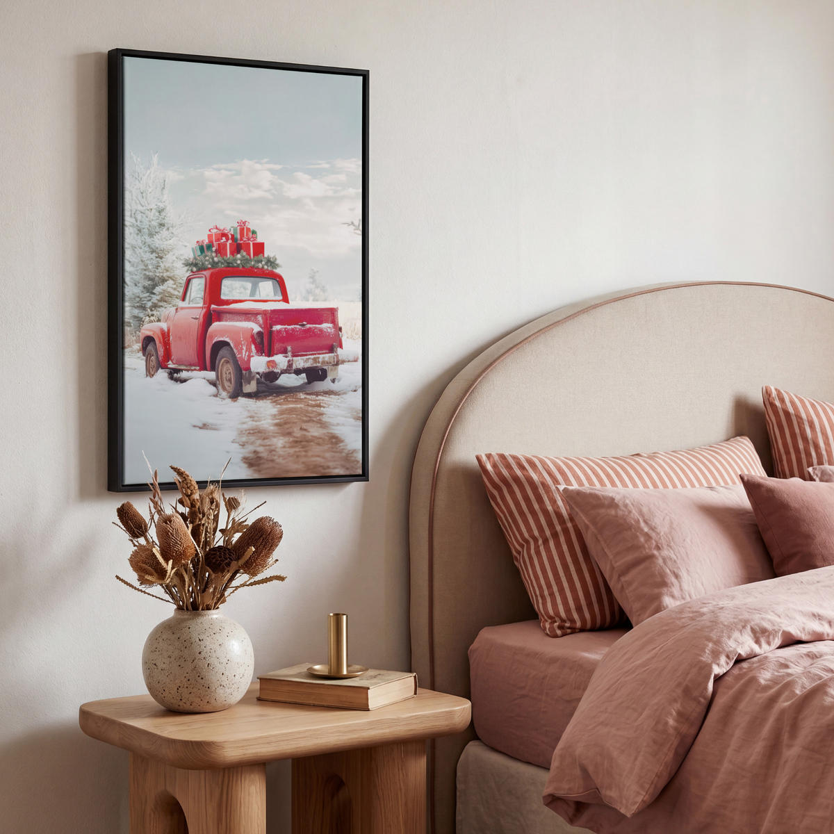 LEINWAND Bilder mit Rahmen - Auto - Rot - Geschenke - Winter - Schnee - Weihnachten - 40x60 - Rot, Textil (40/60cm) - MuchoWow