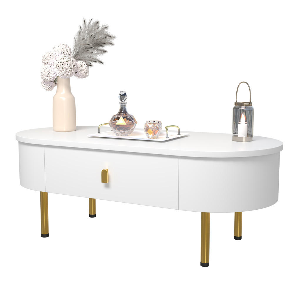 COUCHTISCH Gold Griffe Beine Gebogene Ecken 2 Schubladen - Weiß, Holz (119.38/58.42/25.4cm) - FLIEKS