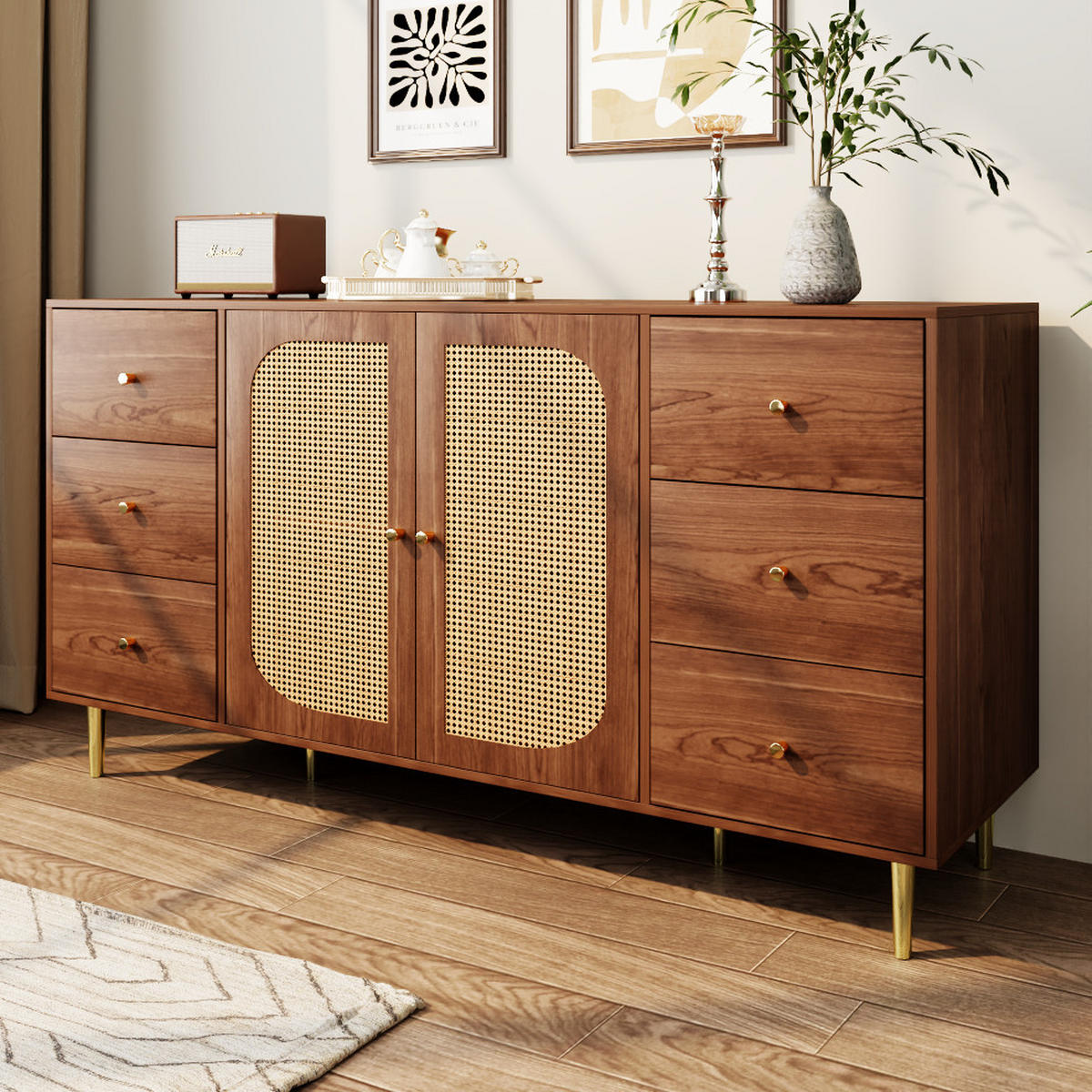 KOMODA 160/40/90 cm z MDF v dekoru dřeva, s ratanovými dvířky a zásuvkami - barva dubu, kompozitní dřevo (160/90/40cm) - BEAOK