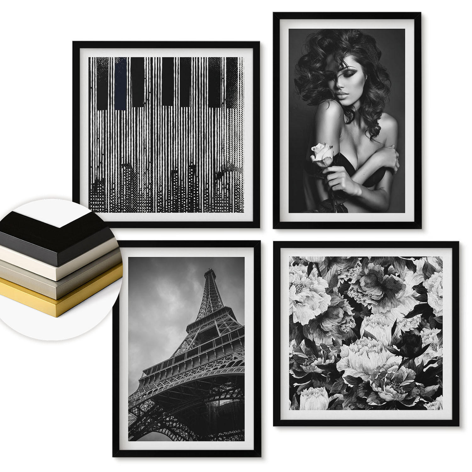 WANDBILDER 4er-Set - 50x50 cm & 40x60 cm Schwarzer Rahmen - Porträt einer Frau mit einer Eiffel-Rose - Schwarz, Kunststoff (50/50cm) - ArtPrintCave