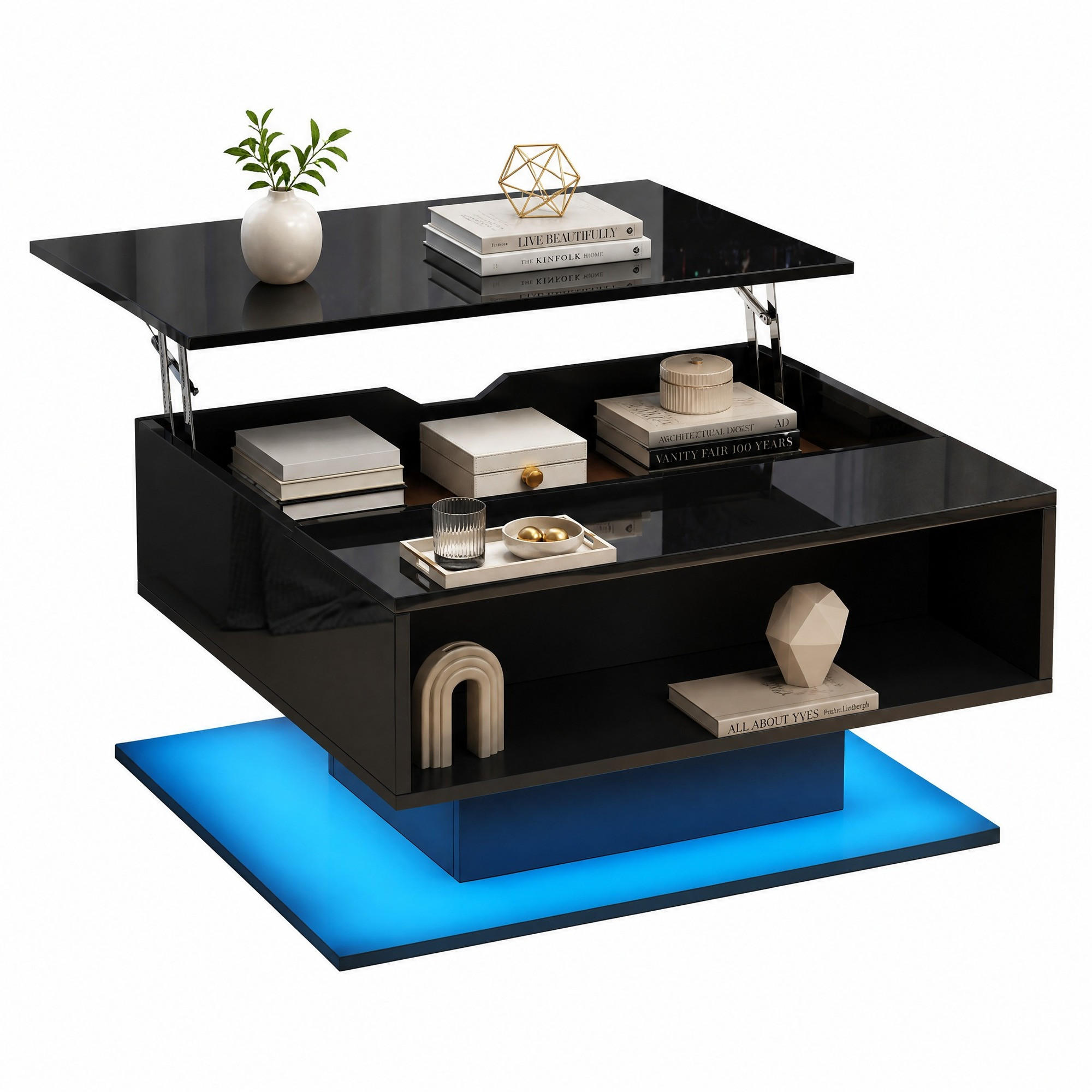 COUCHTISCH aus Spanplatte 80x75x40 cm Schwarz mit Hubfunktion, Stauraum und LED-Beleuchtung - Schwarz, Holzwerkstoff (75/80/40cm) - IVMEU