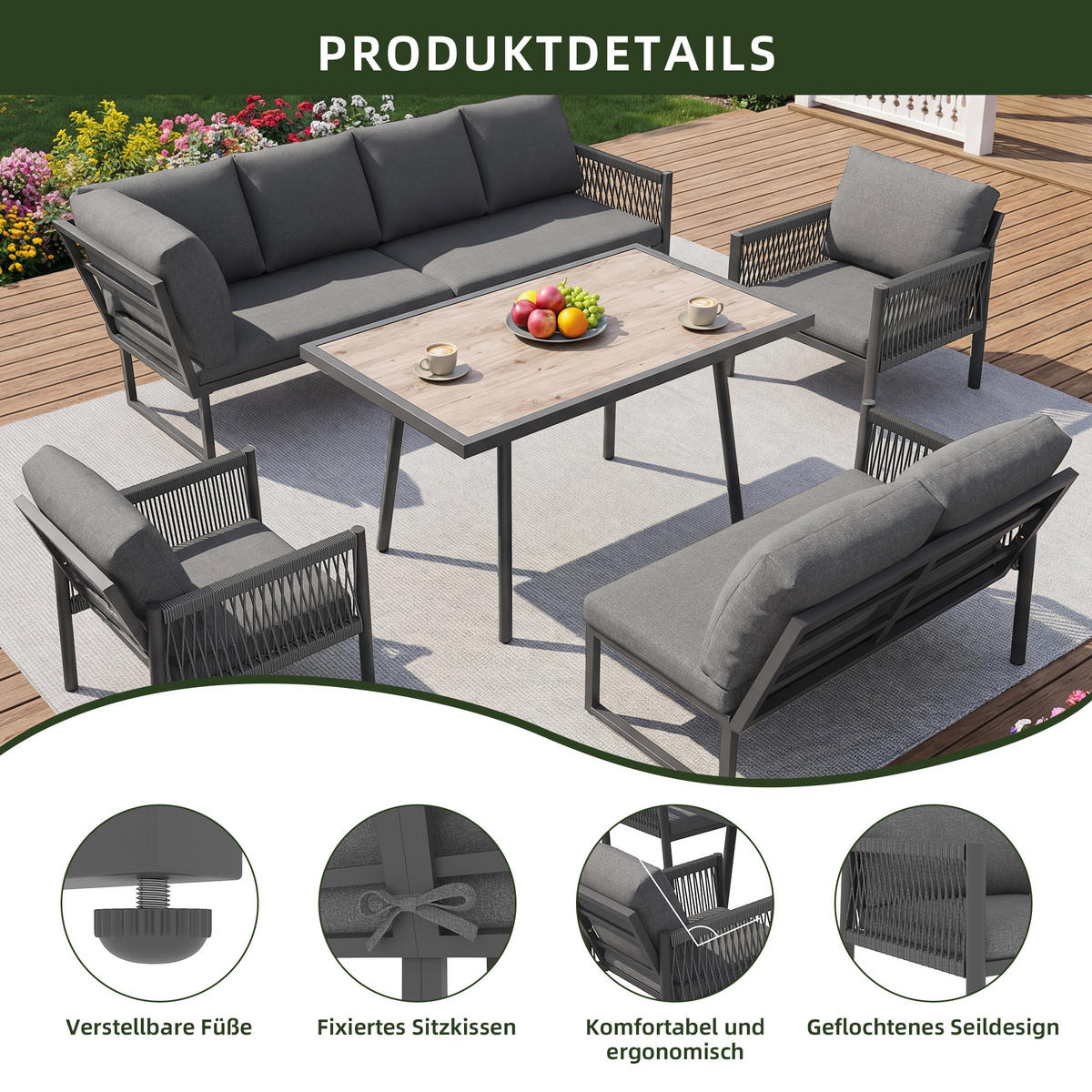 GARTENLOUNGE Grau 7-8 Personen L-Form Sofa Tisch 2 Sessel - Grau, Metall - FLIEKS