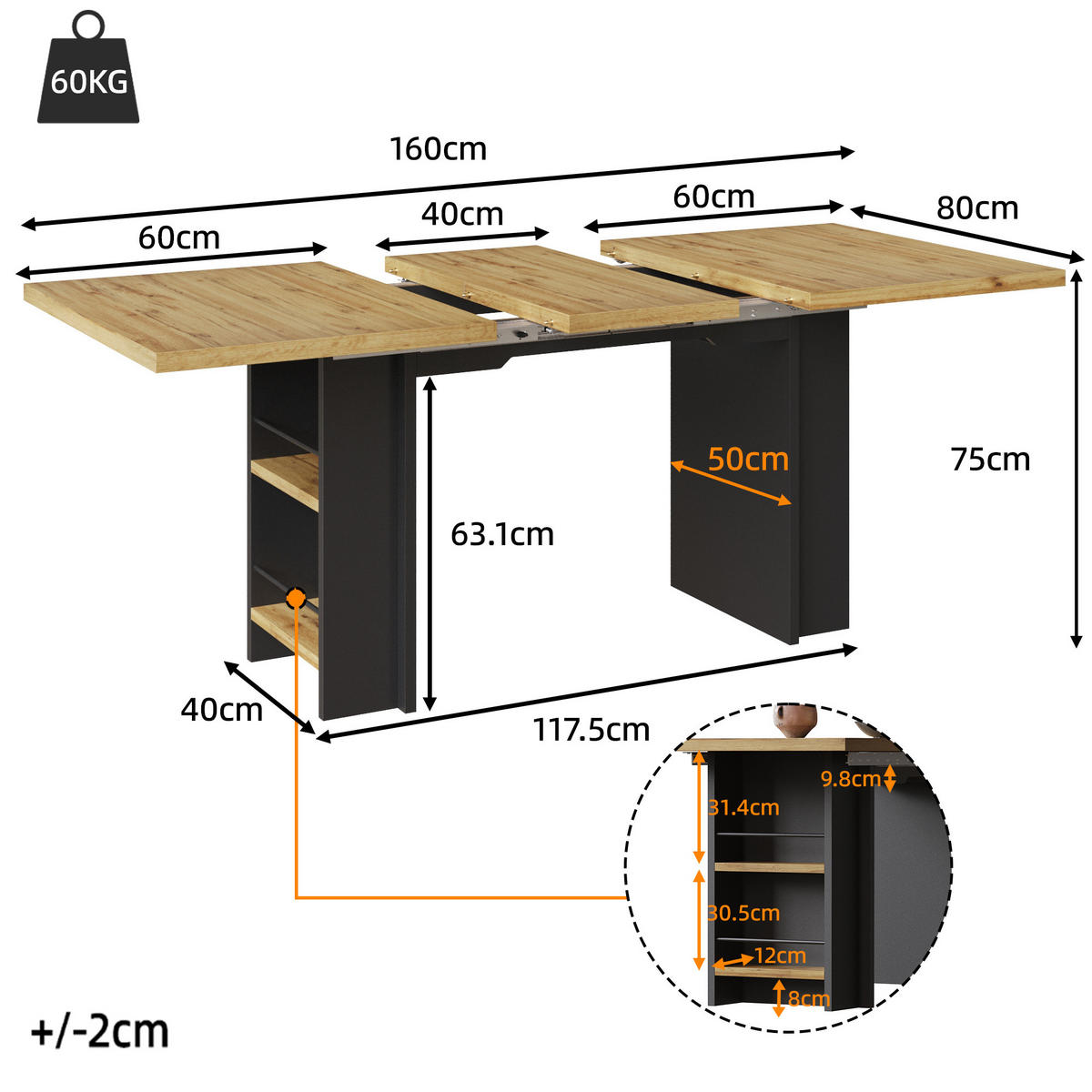 AUSZIEHTISCH aus MDF 120-160x80x75 cm Naturfarben mit Regalen, Stauraum und verstellbarer Tischplatte - Braun, Holzwerkstoff (120/80/75cm) - Modfu