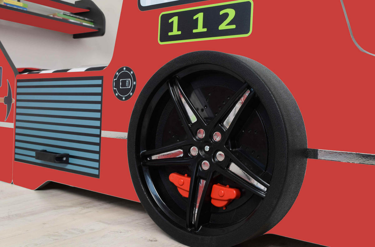 AUTOBETT Firetruck für Kinder 90x200 mit LED Leuchte und Lattenrost - Rot, Holzwerkstoff (90/200cm) - Aileenstore