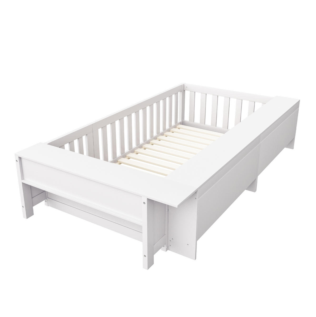 KINDERBETT 90/200 cm weiß aus Massivholz mit Stauraum und Tür - Weiß, Holzwerkstoff (90/200cm) - OKWISH