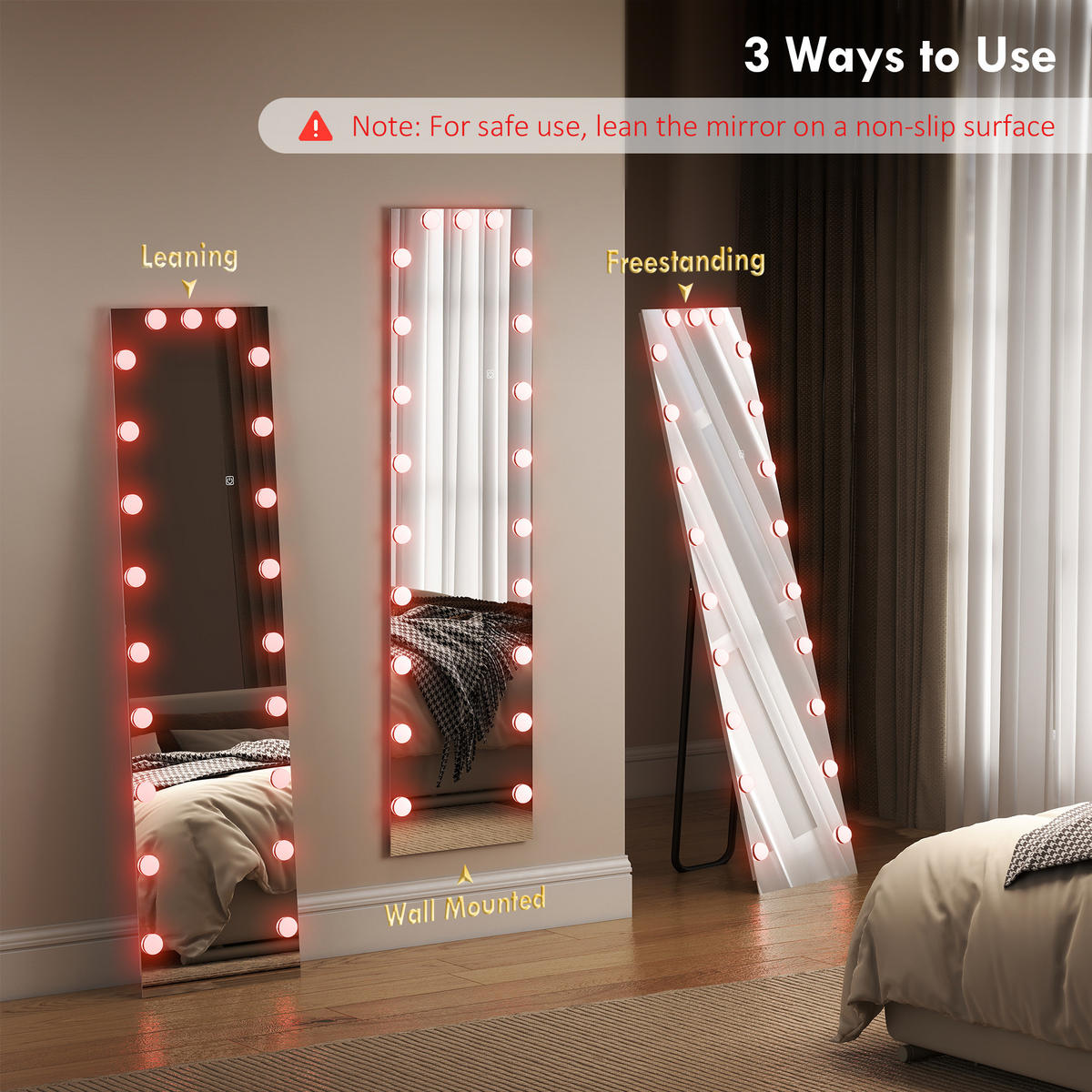 GANZKÖRPERSPIEGEL 150x40 cm RGB-LED Standspiegel mit 21 Glühbirnen 7 Lichtfarbe - Transparent, Glas (5.7/150/40cm) - HOMCOM