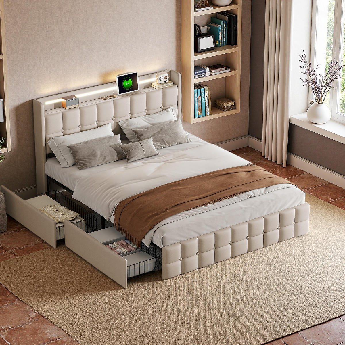 DOPPELBETT 180x200 Beige USB LED 4 Schubladen - Beige, Metall (180/200cm) - SHOPENTRA