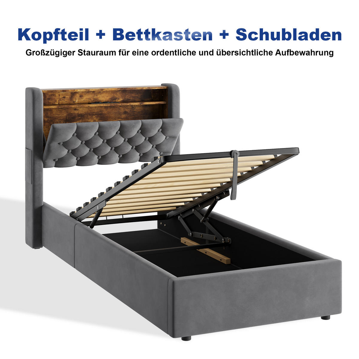 POLSTERBETT 90/200 cm mit hydraulischem Bettkasten, Schubladen, Klappbares Kopfteil, LED-Beleuchtung, Grau - Grau, Textil (90/200cm) - Redom
