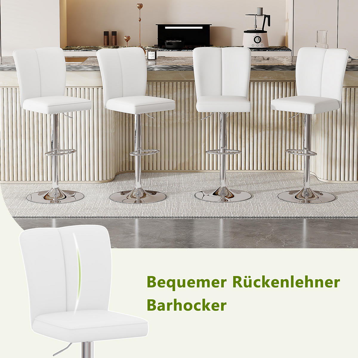 BARHOCKER 2er-Set Weiß-Silber höhenverstellbar & 360° drehbar mit PU-Leder - Weiß, Metall (44.5/95.5/44cm) - PANGIVO
