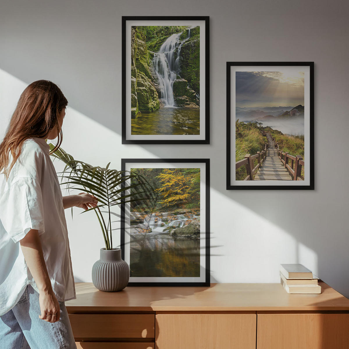 BILDER SET 3er Set - 40x60 cm Schwarzer Rahmen - Wasserfälle, Berge, Wolken, Herbst - Schwarz, Kunststoff (40/60cm) - TULUP