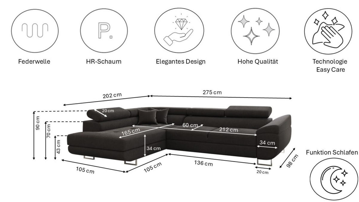 ECKSOFA FALIO L-Form Mit Schlaffunktion Im Modernen Stil Für Das Wohn Und Schlafzimmer Graphit Links - Graphitfarben, Holz/Textil (202/275cm) - Kaiser Möbel