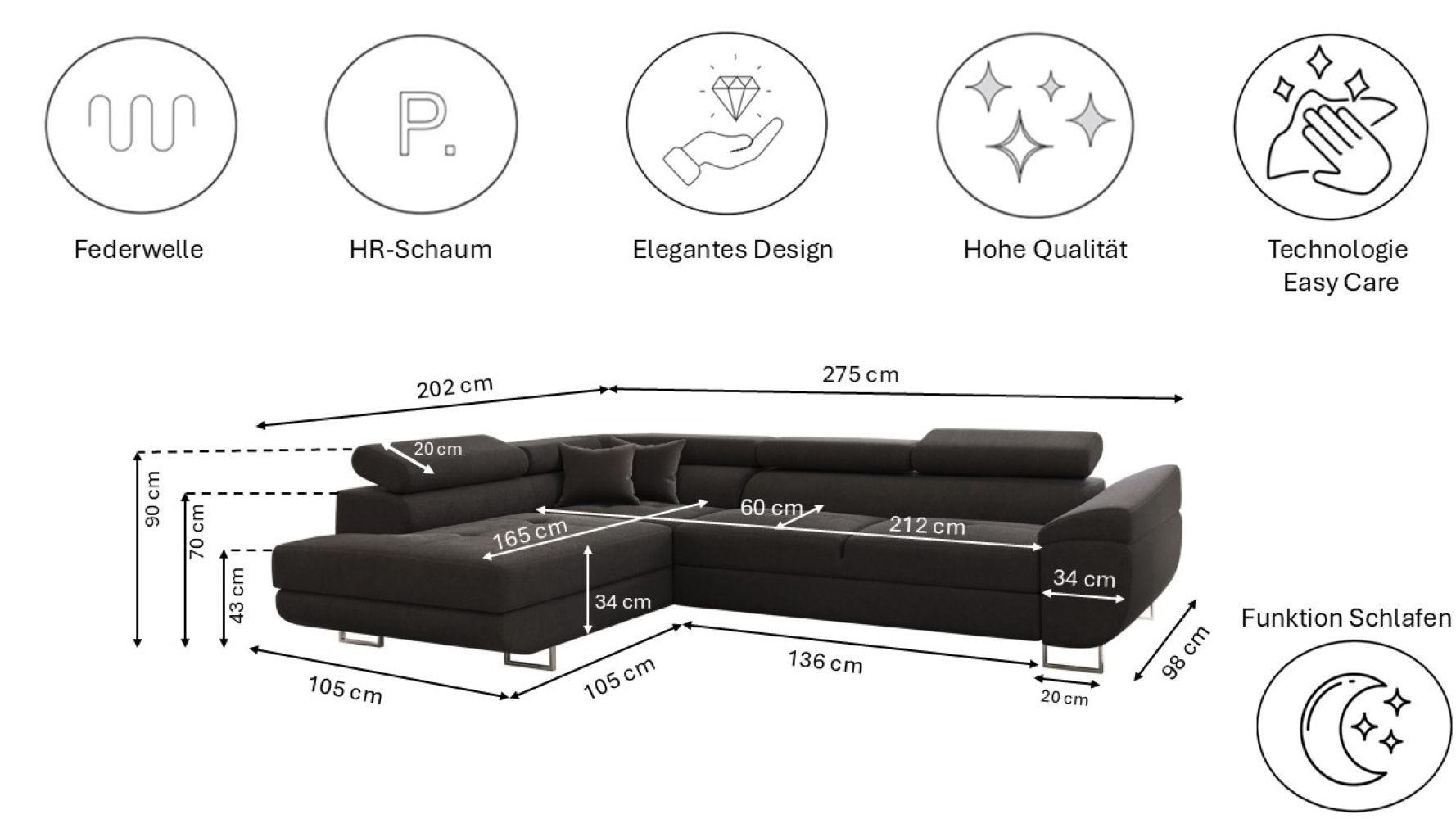 Thumbnail - Kaiser Möbel Ecksofa, Graphit, Textil, 2 Schubladen, einzeln stellbar, L-Form,L-Form, 275x202 cm, Wohnzimmer, Sofas & Co...