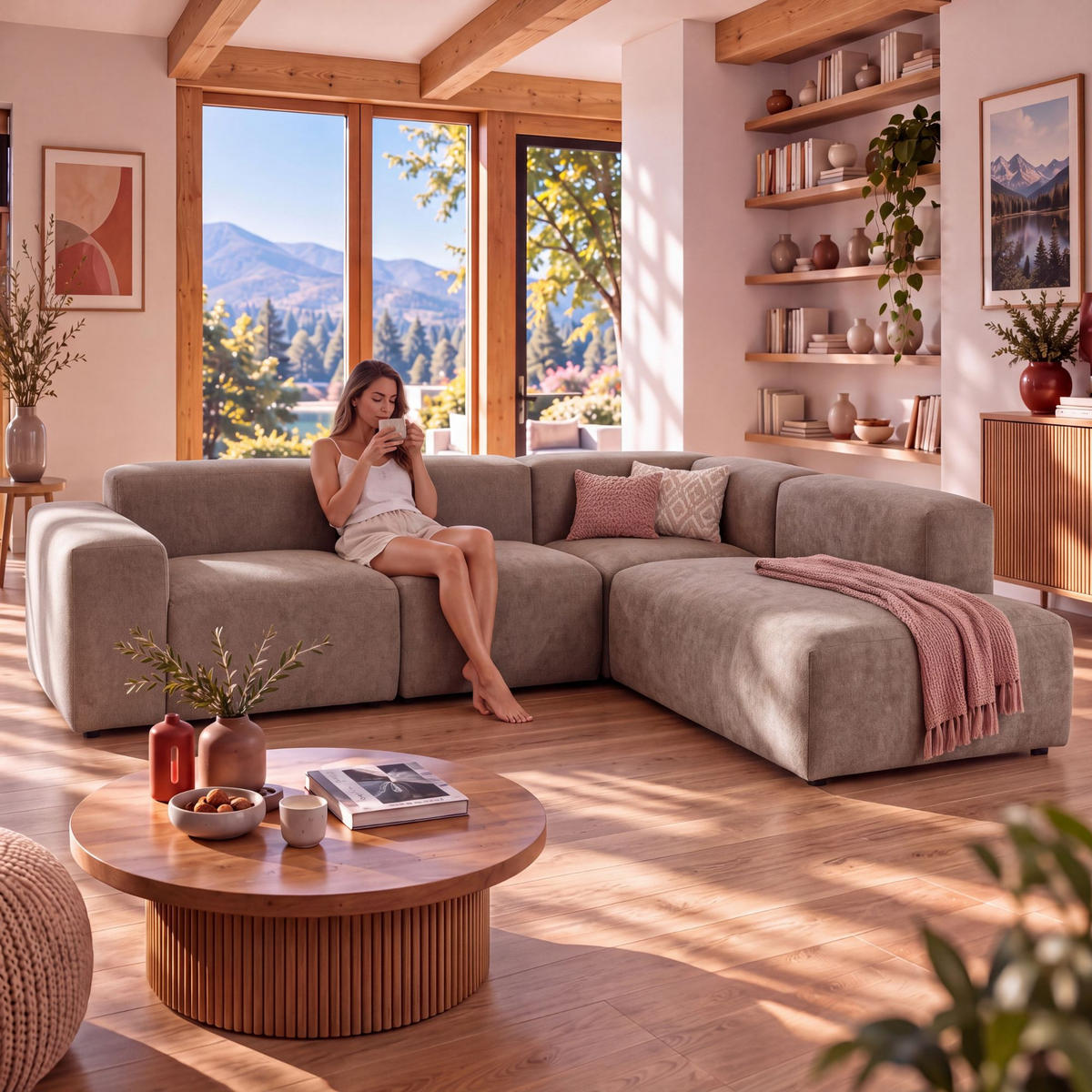4-SITZER modulares Ecksofa HEAVEN SET 2 Rechts, Breite 300 cm Webstoff Braun - Schwarz/Braun, Holz/Kunststoff (245/300cm) - Muffo