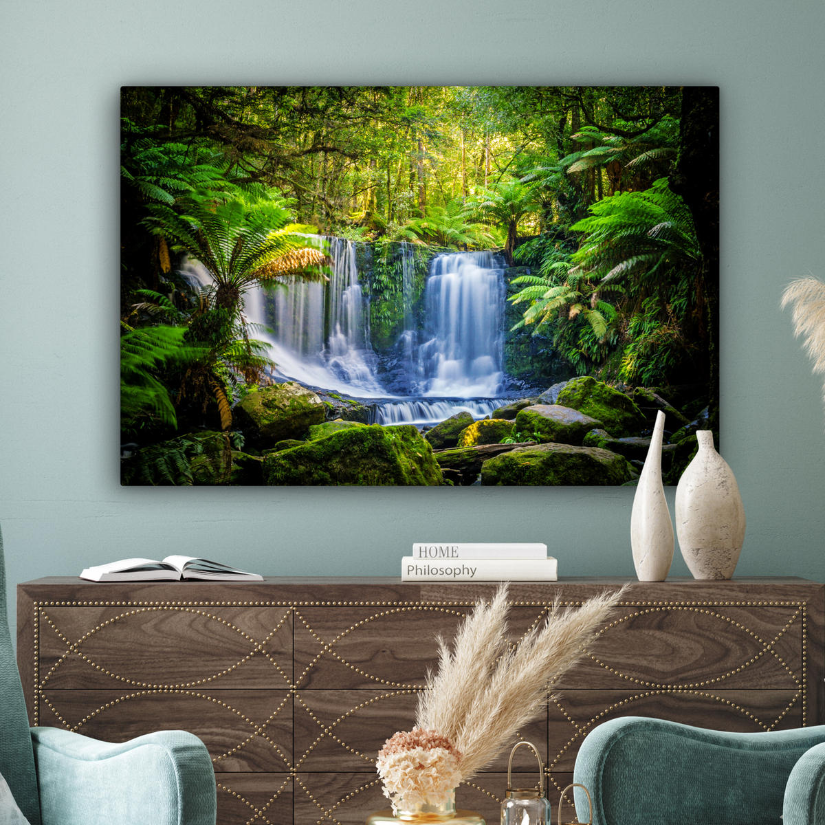 LEINWANDBILD Dschungel - Wasserfall - Australien - Pflanzen - Natur Wohnzimmer 120x80 cm - Dunkelgrün, Textil (120/80cm) - MuchoWow